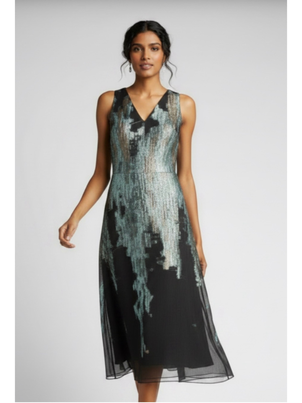 Teri Jon Metallic sheen Abstract Formal Midi Dress